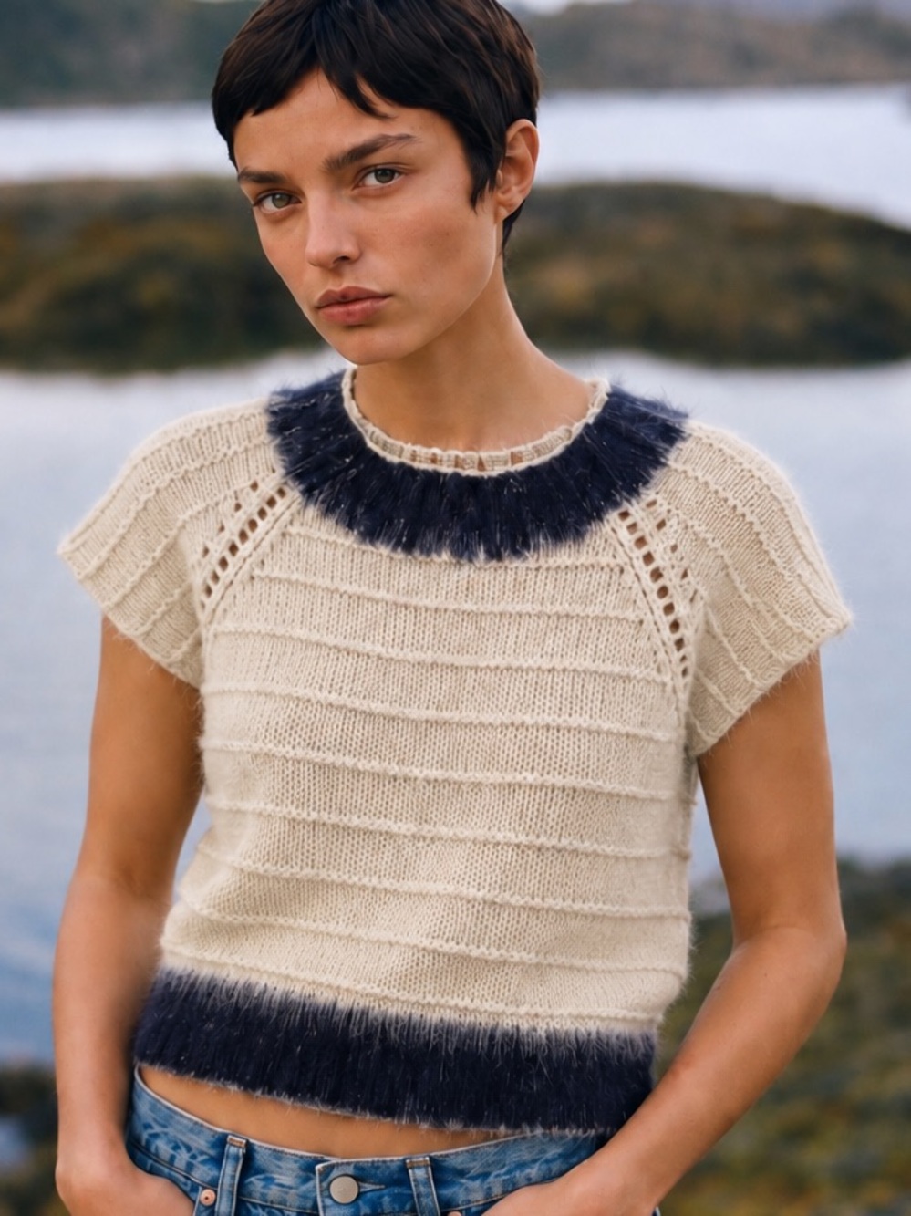 Field Flower for Anthropologie Cream & Navy Knit Sweater XS